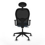 Silla de oficina Alocén con mecanismo Sincro tapizada con Tela color Azul cielo y malla color Negro. Equipada con lumbar 1D, Brazos 1D, Cabecero Fijo y Ruedas 65 mm parqué