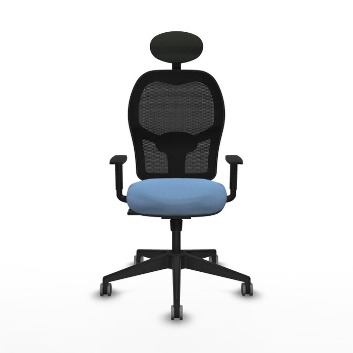 Silla de oficina Alocén con mecanismo Sincro tapizada con Tela color Azul cielo y malla color Negro. Equipada con lumbar 1D, Brazos 1D, Cabecero Fijo y Ruedas 65 mm parqué