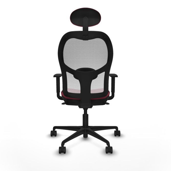 Silla de oficina Jorquera con mecanismo Sincro tapizada con Tela color Granate y malla color Blanco. Equipada con lumbar 1D, Brazos 1D, Cabecero Fijo y Ruedas 65mm nailon