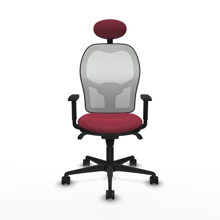 Silla de oficina Jorquera con mecanismo Sincro tapizada con Tela color Granate y malla color Blanco. Equipada con lumbar 1D, Brazos 1D, Cabecero Fijo y Ruedas 65mm nailon