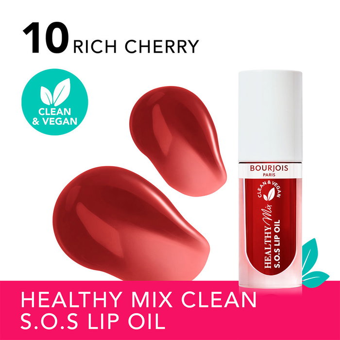 Bourjois Healthy Mix S.O.S Lip Oil Brillo de Labios - #10 Rich Cherry - Aceite Labial con 94% Ingredientes Naturales, 4.5 ml