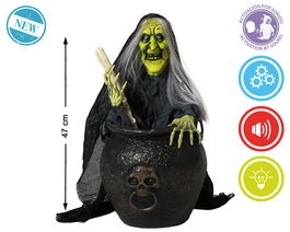 Figura Bruja Verde Con Caldero Pelo Gris 47 cm Luz-Sonido-Movimiento Decoración Halloween