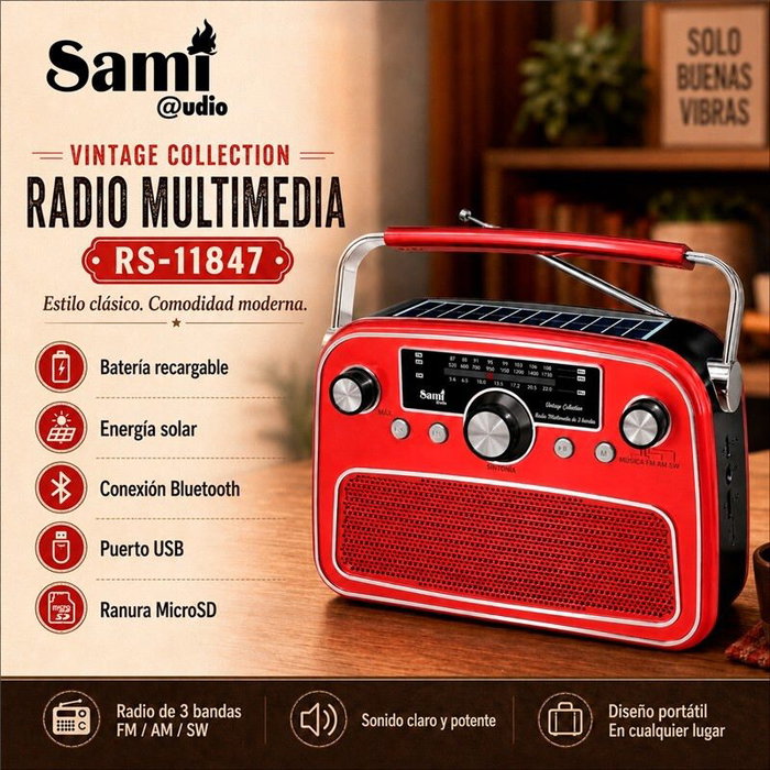 SAMI Radio multimedia de 3 bandas rojo con alimentación AC/bat/solar
