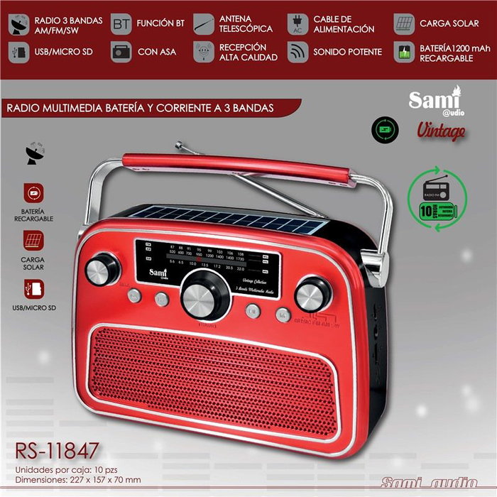 SAMI Radio multimedia de 3 bandas rojo con alimentación AC/bat/solar