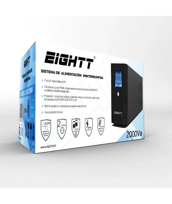 EIGHTT ES2000 Sistema de Alimentación Ininterrumpida UPS Standby (Offline) 2 kVA, 110V/240V, Seno, Mini Torre Negro, Batería 12V 7Ah