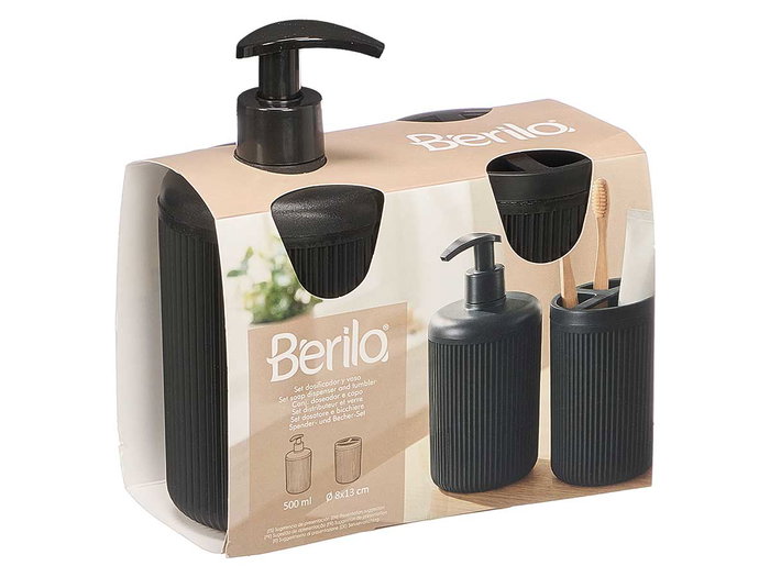BERILO Set Dispensador y Vaso Rayas Negro