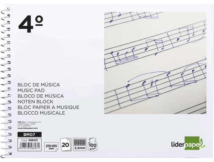 Liderpapel Bloc música combi pentagrama cuadriculado 2,5mm cuarto 20 hojas 100g/m2