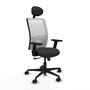 Silla de oficina Zulema con mecanismo Sincro tapizada con Tela color Negro y malla color Blanco. Equipada con lumbar 1D, Brazos 2D, Cabecero Fijo y Ruedas 65mm nailon