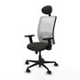 Silla de oficina Zulema con mecanismo Sincro tapizada con Tela color Negro y malla color Blanco. Equipada con lumbar 1D, Brazos 2D, Cabecero Fijo y Ruedas 65mm nailon