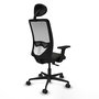 Silla de oficina Zulema con mecanismo Sincro tapizada con Tela color Negro y malla color Blanco. Equipada con lumbar 1D, Brazos 2D, Cabecero Fijo y Ruedas 65mm nailon