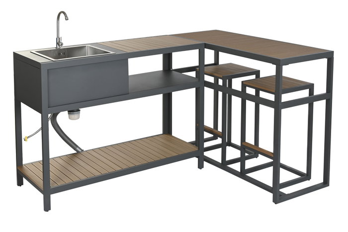 DKD Home Decor Juego de 4 Piezas Isla Cocina con 2 Taburetes, Terraza y Jardín, Gris Natural, Polyaluminio, 100x95x254 cm