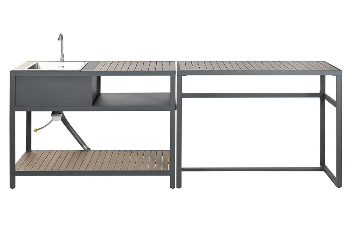 DKD Home Decor Juego de 4 Piezas Isla Cocina con 2 Taburetes, Terraza y Jardín, Gris Natural, Polyaluminio, 100x95x254 cm
