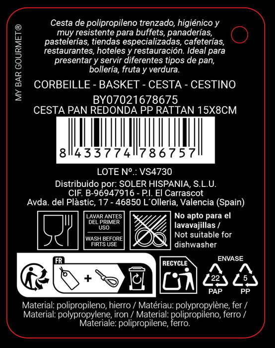 Inde Cesta Pan Redonda PP Rattan 15 cm x 8 cm (24 Unidades)