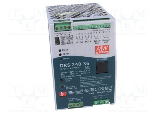 MEAN WELL DRS-240-36 Alimentador Buffer de 240W 36VDC MEAN WELL DRS-240-36 Alimentador Buffer de 240W 36VDC