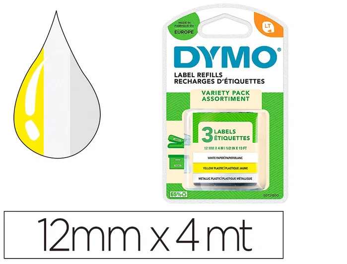 Dymo LetraTag Pack de 3 Cintas Surtidas 12mm x 4m - Blanco, Amarillo y Plata Dymo LetraTag Pack de 3 Cintas Surtidas 12mm x 4m - Blanco, Amarillo y Plata