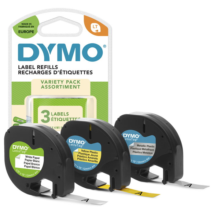 Dymo LetraTag Pack de 3 Cintas Surtidas 12mm x 4m - Blanco, Amarillo y Plata Dymo LetraTag Pack de 3 Cintas Surtidas 12mm x 4m - Blanco, Amarillo y Plata