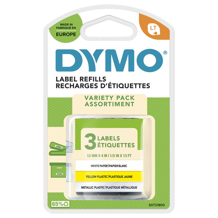 Dymo LetraTag Pack de 3 Cintas Surtidas 12mm x 4m - Blanco, Amarillo y Plata Dymo LetraTag Pack de 3 Cintas Surtidas 12mm x 4m - Blanco, Amarillo y Plata
