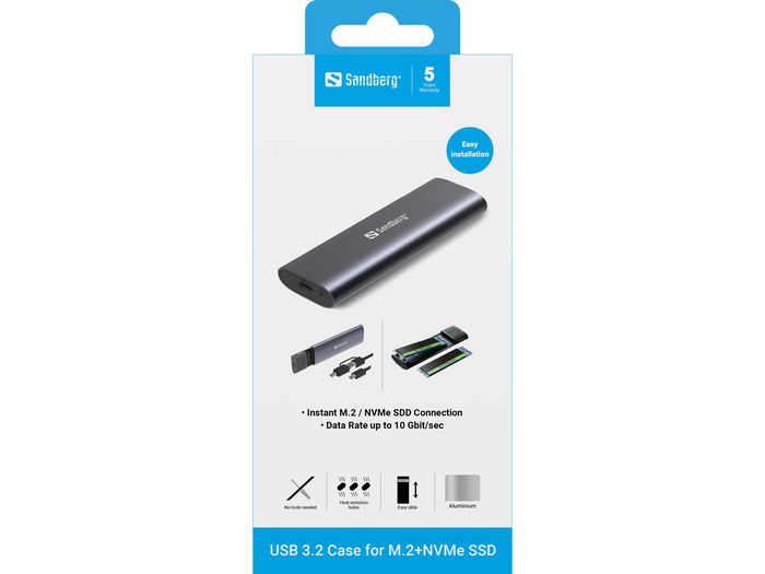 Sandberg USB 3.2 Case for M.2+NVMe SSD, Caja Externa para Discos M.2 o NVMe, USB-C/USB-A, 10 Gbps
