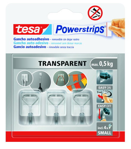 Tesa Powerstrips S Gancho autoadhesivo, transparente, talla S