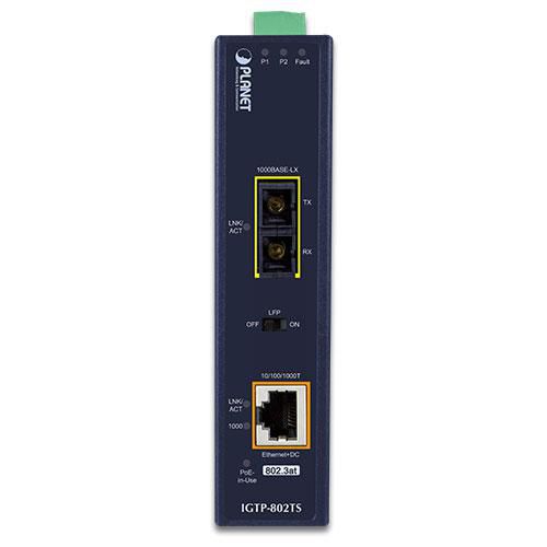 Planet IGTP-802TS Convertidor de medios Gigabit Industrial PoE+ con Fibra 1000BASE-LX hasta 20km