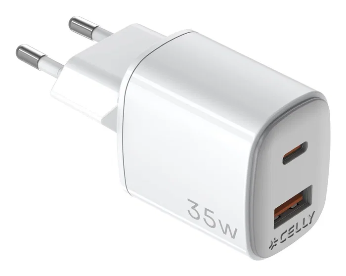 Celly UPTC1USB1USBC35 Cargador GaN 35W con Carga Rápida, 1 Puerto USB-C + 1 USB, 100-240V, Color Blanco