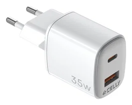 Celly UPTC1USB1USBC35 Cargador GaN 35W con Carga Rápida, 1 Puerto USB-C + 1 USB, 100-240V, Color Blanco