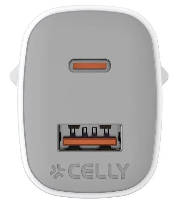 Celly UPTC1USB1USBC35 Cargador GaN 35W con Carga Rápida, 1 Puerto USB-C + 1 USB, 100-240V, Color Blanco