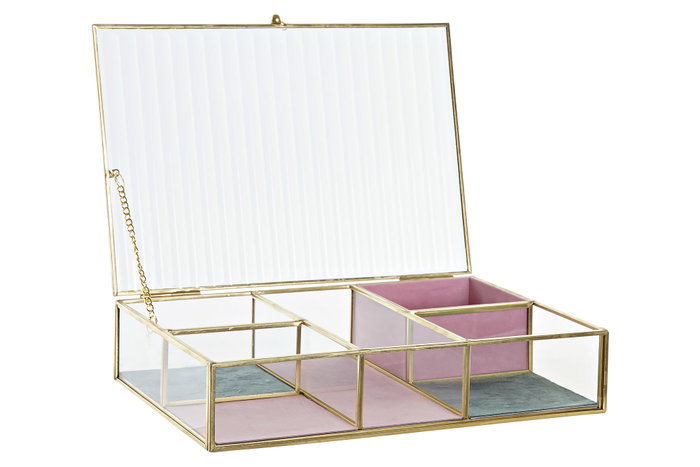 DKD Home Decor Joyero de Cristal y Metal con Terciopelo Dorado 25x17x5,5 cm