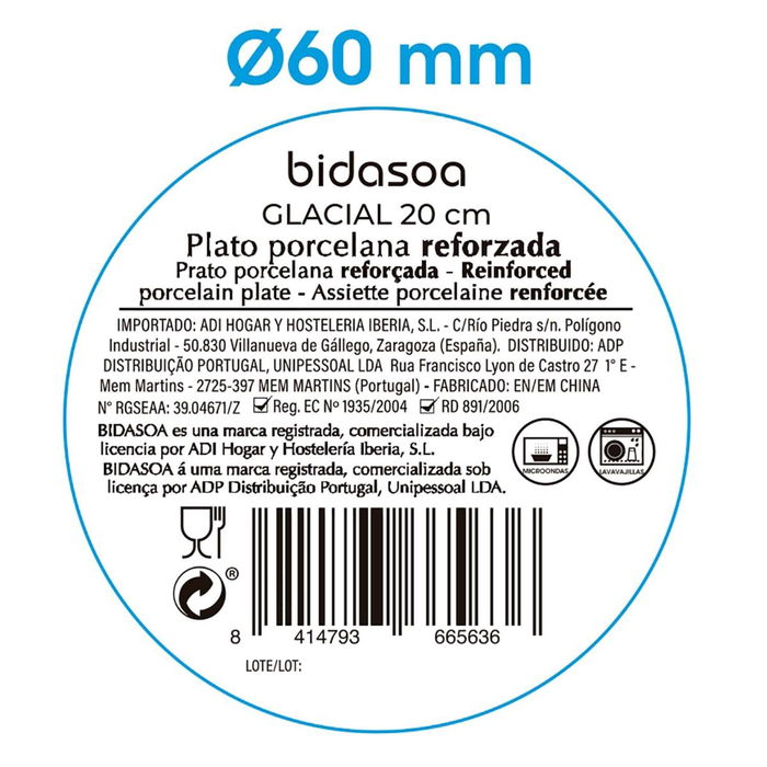 Plato Postre Porcelana Glacial Ala Estrch Bidasoa 20 cm