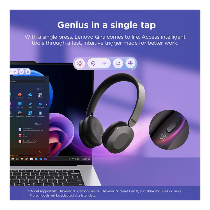 Lenovo 8550 Aura Edition Auriculares Inalámbricos con ANC Plegables USB-C para Teams Gris