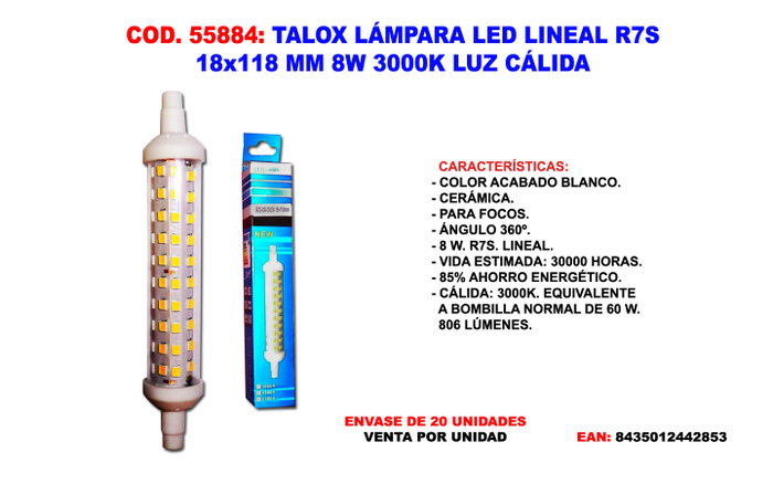 TALOX Lámpara LED R7S 18 x 118 mm 8W 3000K Luz Cálida TALOX Lámpara LED R7S 18 x 118 mm 8W 3000K Luz Cálida