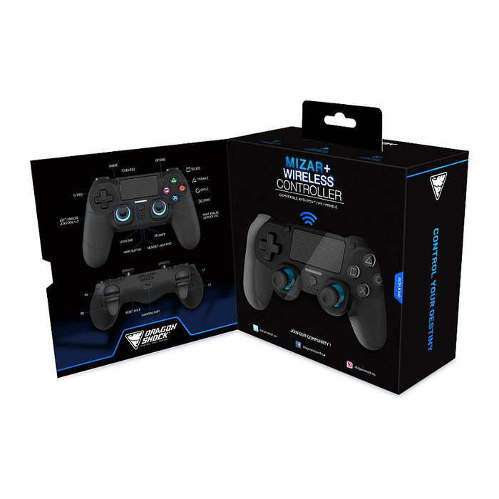 DragonShock Mizar+ Wireless Gamepad - Negro - Compatible con PS4, PC y Android - Bluetooth 5.0, USB Tipo-C, Retroiluminación LED Azul, Batería Recargable