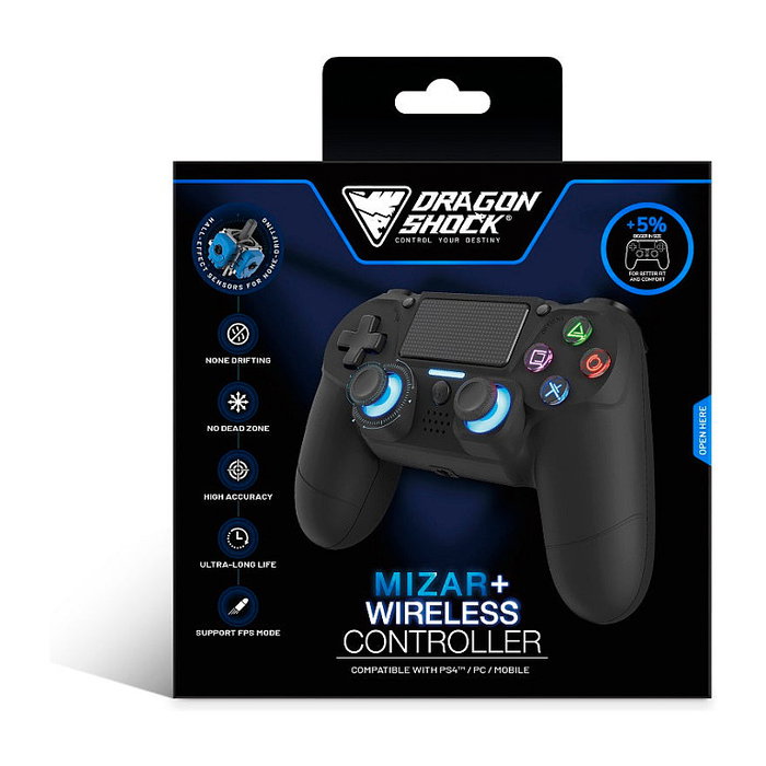 DragonShock Mizar+ Wireless Gamepad - Negro - Compatible con PS4, PC y Android - Bluetooth 5.0, USB Tipo-C, Retroiluminación LED Azul, Batería Recargable