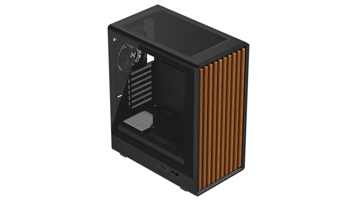 Krux Heliora Midi Tower Negra con Acabado de Madera Krux Heliora Midi Tower Negra con Acabado de Madera