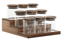 DKD Home Decor Set de Especiero de 9 Piezas en Cristal y Acacia