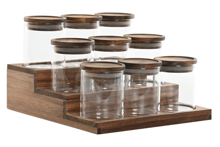 DKD Home Decor Set de Especiero de 9 Piezas en Cristal y Acacia DKD Home Decor Set de Especiero de 9 Piezas en Cristal y Acacia