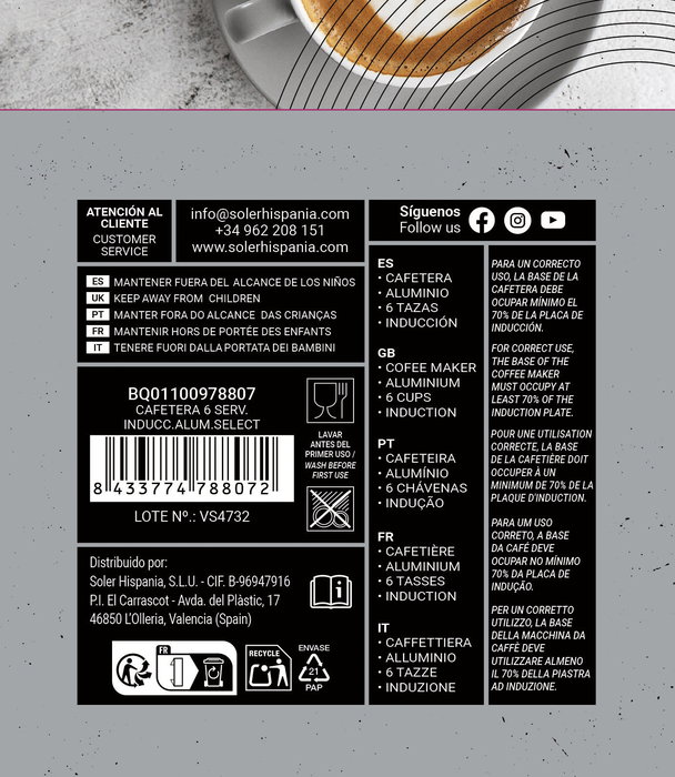 Inde Cafetera Inducción Aluminio Select 6 servicios 300ml (6 Unidades)