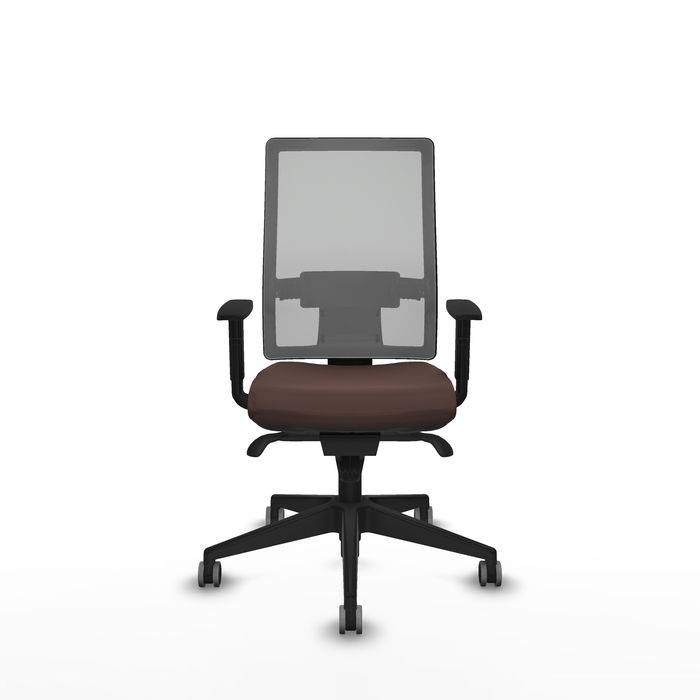 Silla de oficina Horna con mecanismo Sincro tapizada con Similpiel color Marrón oscuro y malla color Gris. Equipada con lumbar 1D, Brazos 1D y Ruedas 65 mm parqué