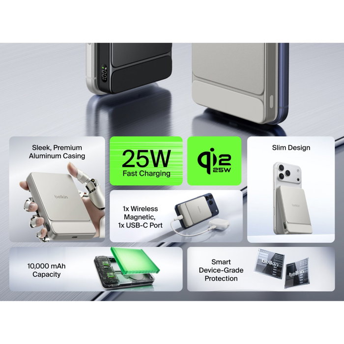 Belkin UltraCharge Pro 10k Qi2 Slim Magnetic Power Bank 25W/30W Sand Metal Belkin UltraCharge Pro 10k Qi2 Slim Magnetic Power Bank 25W/30W Sand Metal