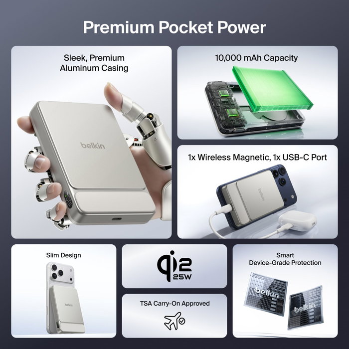Belkin UltraCharge Pro 10k Qi2 Slim Magnetic Power Bank 25W/30W Sand Metal Belkin UltraCharge Pro 10k Qi2 Slim Magnetic Power Bank 25W/30W Sand Metal