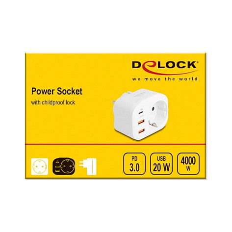 DeLOCK 11498 Enchufe Schuko con Protección Infantil y 3 Puertos USB-C PD de 20 W, Tipo F, Blanco, 250 V, 16 A, 4000 W