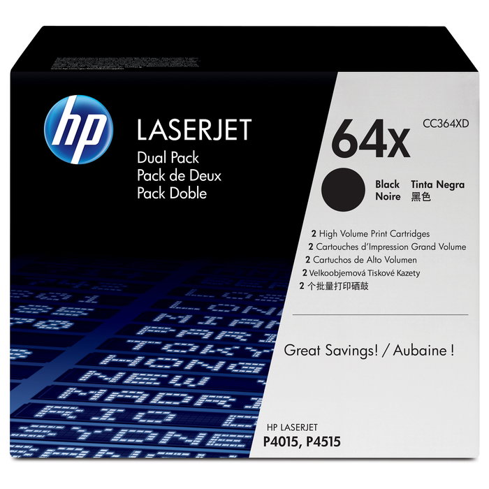 HP 64X Pack de 2 Cartuchos de Tóner LaserJet Negro CC364XD HP 64X Pack de 2 Cartuchos de Tóner LaserJet Negro CC364XD