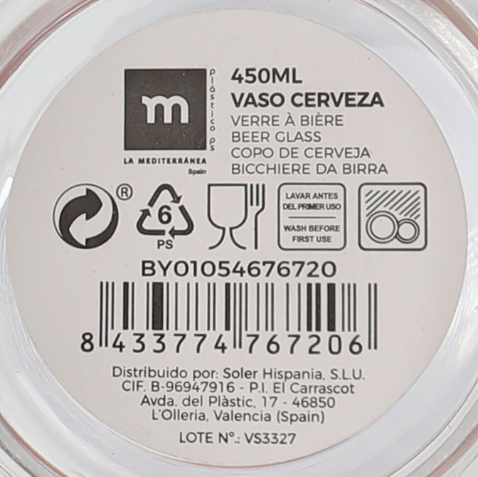 La Mediterranea Vaso Cerveza 450ml PS La Mediterranea