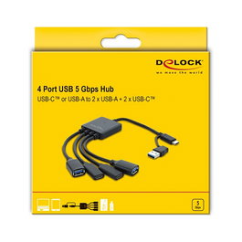 DeLOCK Hub USB de 4 Puertos de 5 Gbps con Conector USB Type-C™ o Tipo-A a 2 x USB Tipo-A y 2 x USB Type-C™ - 25 cm