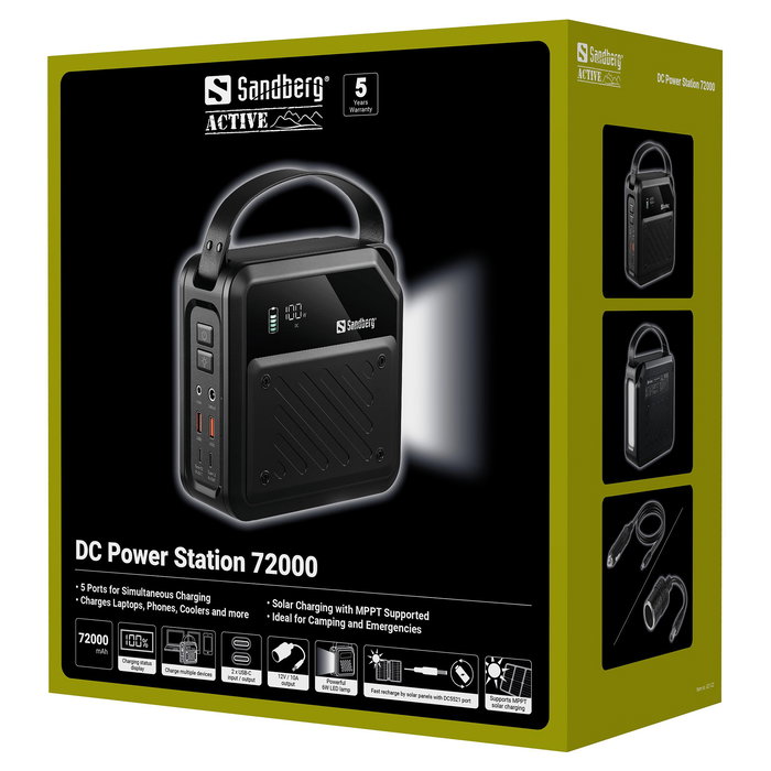 SANDBERG 421-22 Power Station 72000 mAh / 266.4 Wh, Batería Externa Portátil 200W, Tecnología LMFP, Quick Charge 3.0, USB-C PD 100W, 2x USB-A, Negro