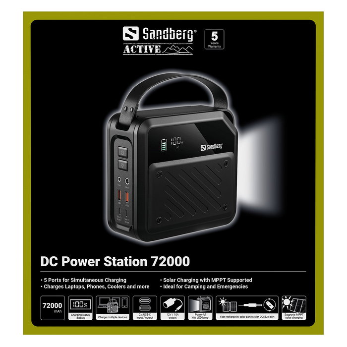 SANDBERG 421-22 Power Station 72000 mAh / 266.4 Wh, Batería Externa Portátil 200W, Tecnología LMFP, Quick Charge 3.0, USB-C PD 100W, 2x USB-A, Negro