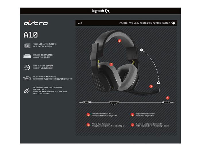 Logitech Auriculares Gaming A10 Astro con Micrófono Boom - Cableado, Estéreo, para PC, Mac, Consolas, Negro