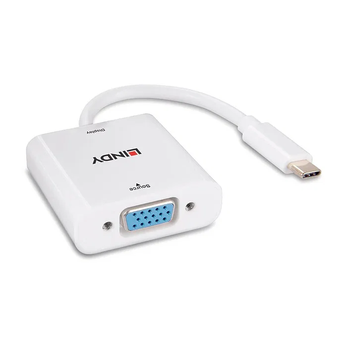 Lindy 43355 Adaptador USB-C a VGA (D-Sub) Macho/Hembra 1920x1200@60Hz, Cable Vídeo, Blanco