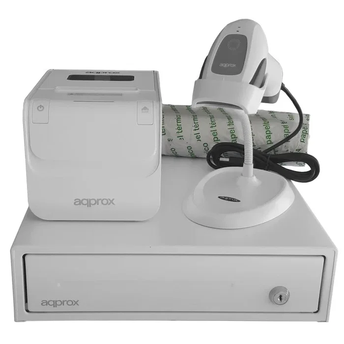 Approx Kit TPV con Cajón Portamonedas, Impresora Térmica y Lector 2D Blanco Approx Kit TPV con Cajón Portamonedas, Impresora Térmica y Lector 2D Blanco
