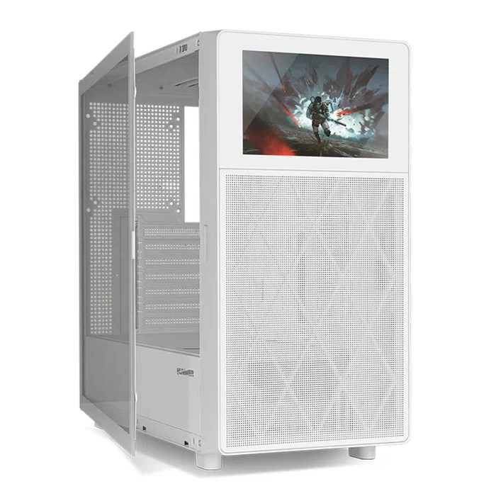 NOX Hummer BIOS Midi Tower para PC Gaming con Pantalla LCD 8" Personalizable, Frontal Mesh, Blanco, Compatible ATX, GPU hasta 395mm, 11 Ventiladores, USB 3.0 y USB-C